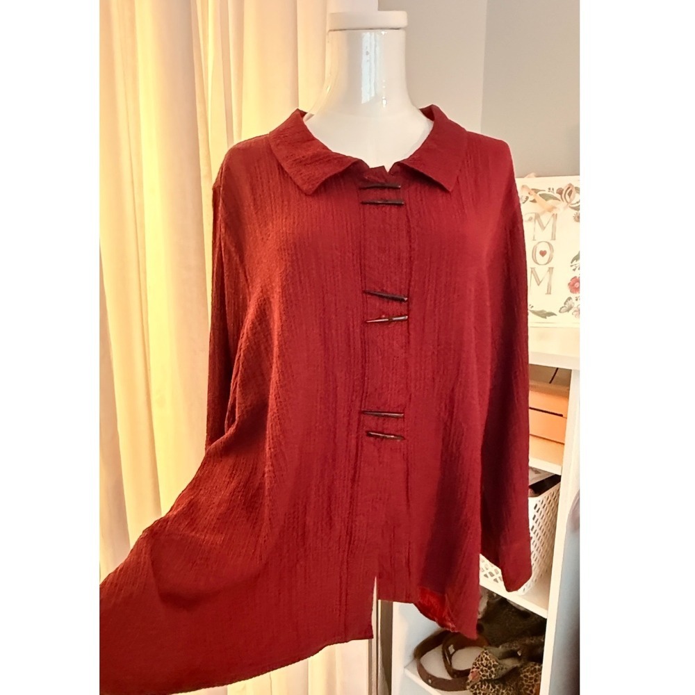 Habitat Lagenlook Artsy Boho Toggle Button Red Crinkle Top XL - Picture 7 of 10